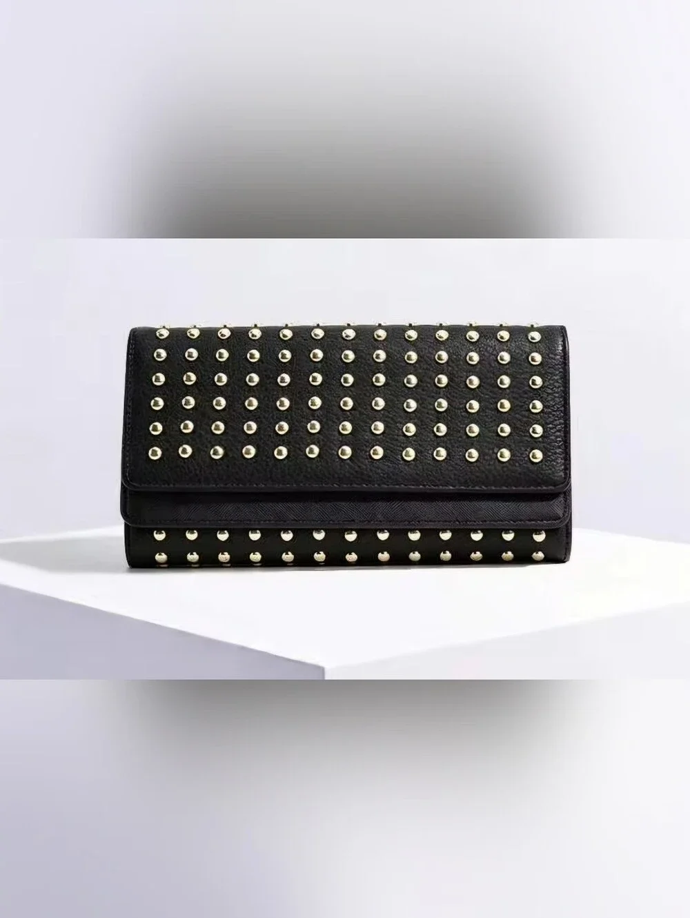 Fashionable Gold Tone Rivet Decorated Trifold Black Long Wallet Daily Use